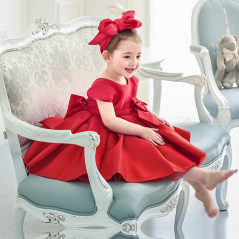 Princess Satin Flower Girl Dress with Cap Sleeves and Bows