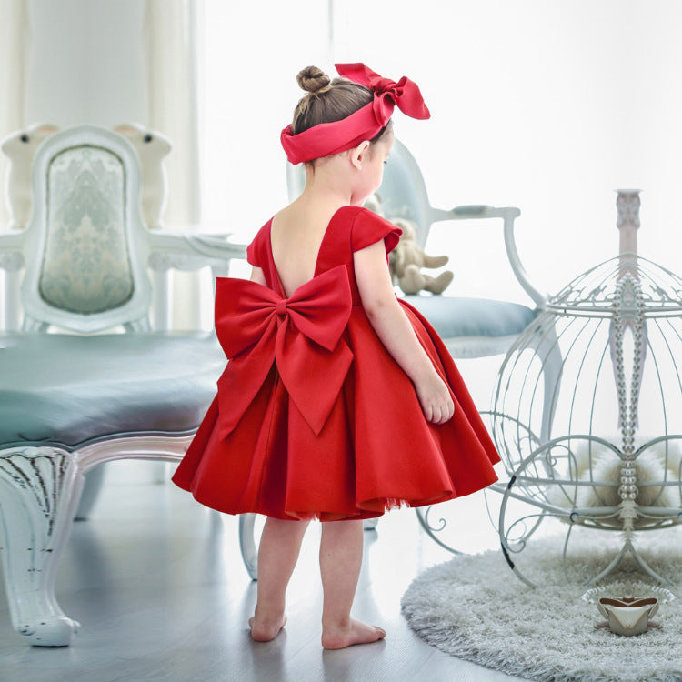 Princess Satin Flower Girl Dress with Cap Sleeves and Bows