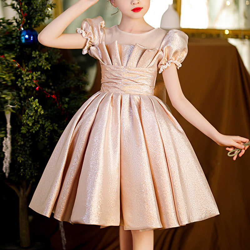 Princess Satin Flower Girl Dress with Lantern Sleeves & Bow