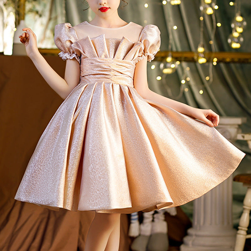 Princess Satin Flower Girl Dress with Lantern Sleeves & Bow