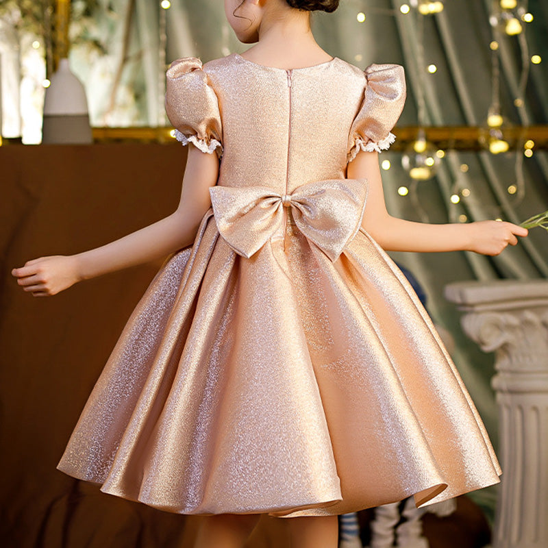 Princess Satin Flower Girl Dress with Lantern Sleeves & Bow