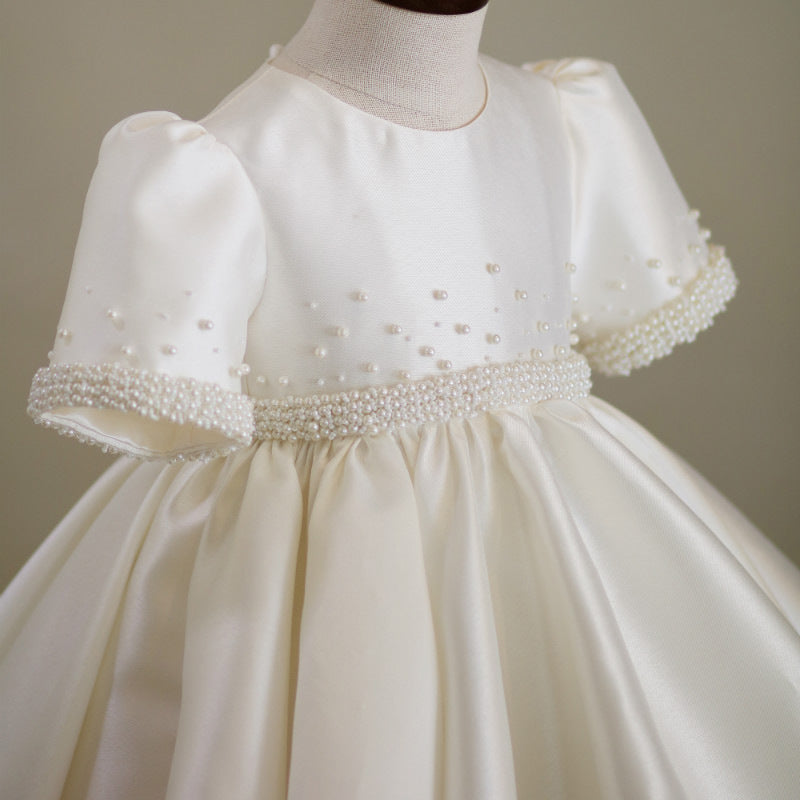 Princess Satin Flower Girl Dress with Lantern Sleeves