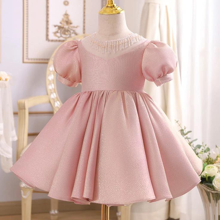 Princess Satin Flower Girl Dress with Puff Sleeves & Beaded Ruffles