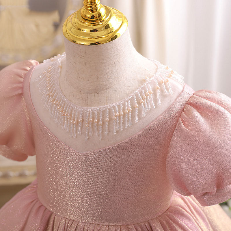 Princess Satin Flower Girl Dress with Puff Sleeves & Beaded Ruffles
