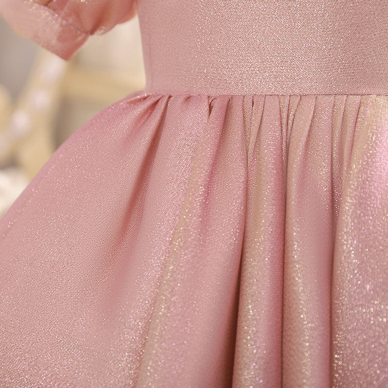 Princess Satin Flower Girl Dress with Puff Sleeves & Beaded Ruffles