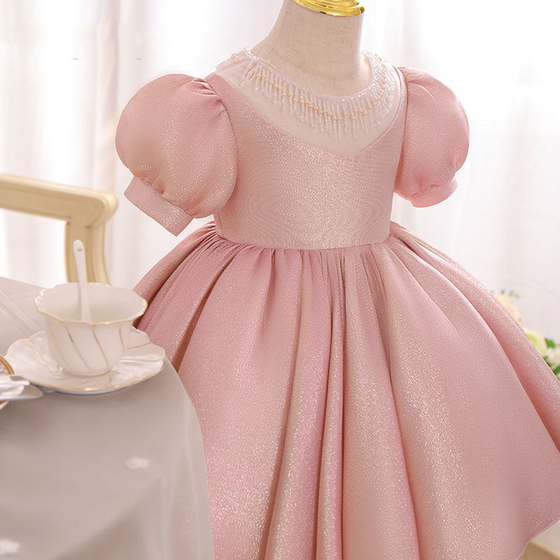 Princess Satin Flower Girl Dress with Puff Sleeves & Beaded Ruffles