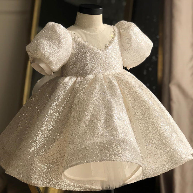 Princess Sequined Flower Girl Dress with Bow Tea Length, Short Lantern Sleeves | White / 2-3 Years (100cm) | Mia Princess Princess Sequined Flower Girl Dress with Bow Tea Length, Short Lantern Sleeves | White / 2-3 Years (100cm) | Mia Princess