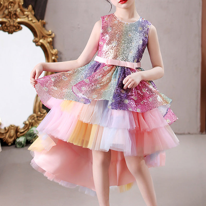 Princess Sequined Flower Girl Dress with Cascading Ruffles
