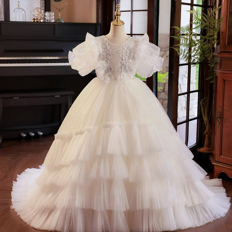 White Tulle Princess Dress with Sequin Applique & Tiered Skirt – Floor Length for Flower Girl & Special Occasions