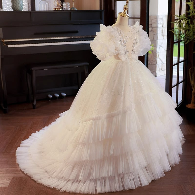 White Tulle Princess Dress with Sequin Applique & Tiered Skirt – Floor Length for Flower Girl & Special Occasions