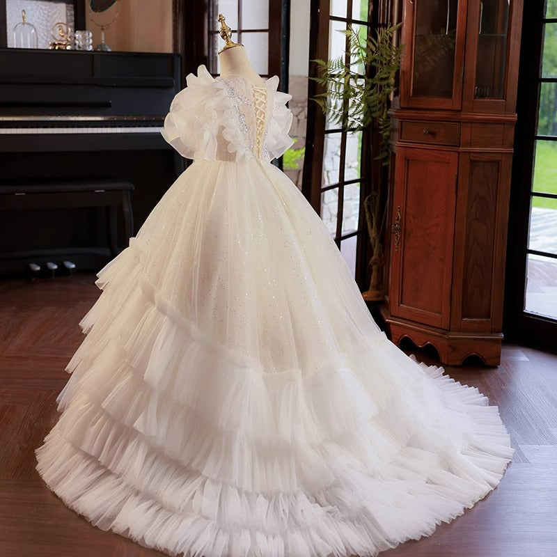White Tulle Princess Dress with Sequin Applique & Tiered Skirt – Floor Length for Flower Girl & Special Occasions