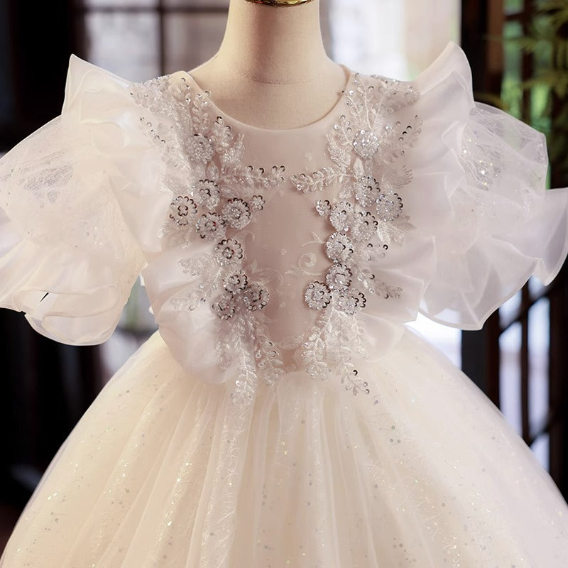 White Tulle Princess Dress with Sequin Applique & Tiered Skirt – Floor Length for Flower Girl & Special Occasions
