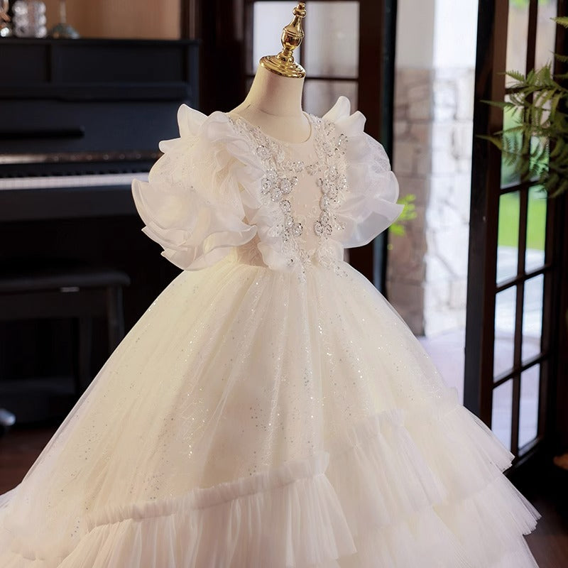 White Tulle Princess Dress with Sequin Applique & Tiered Skirt – Floor Length for Flower Girl & Special Occasions