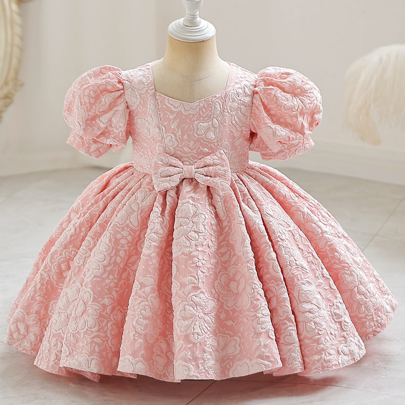Princess Satin Knee-Length Dress with Floral Print & Bows for Girls (12M-10Y)