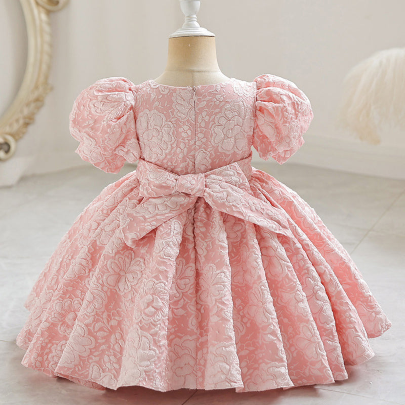 Princess Satin Knee-Length Dress with Floral Print & Bows for Girls (12M-10Y)
