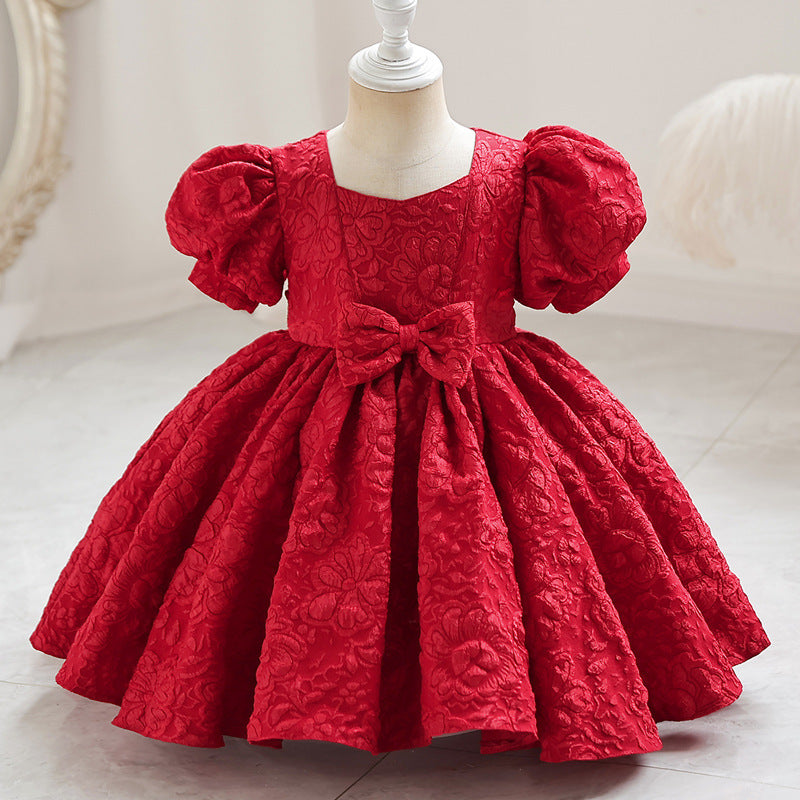Princess Satin Knee-Length Dress with Floral Print & Bows for Girls (12M-10Y)