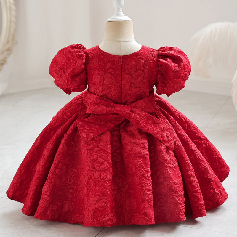 Princess Satin Knee-Length Dress with Floral Print & Bows for Girls (12M-10Y)