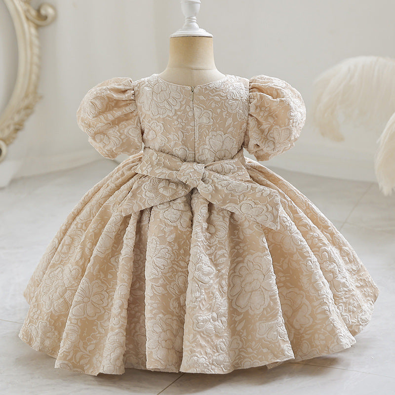 Princess Satin Knee-Length Dress with Floral Print & Bows for Girls (12M-10Y)