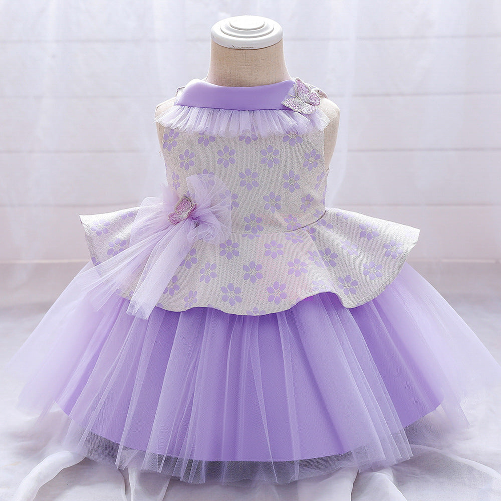 Princess Tea-Length Flower Girl Dress with Floral Ruffles