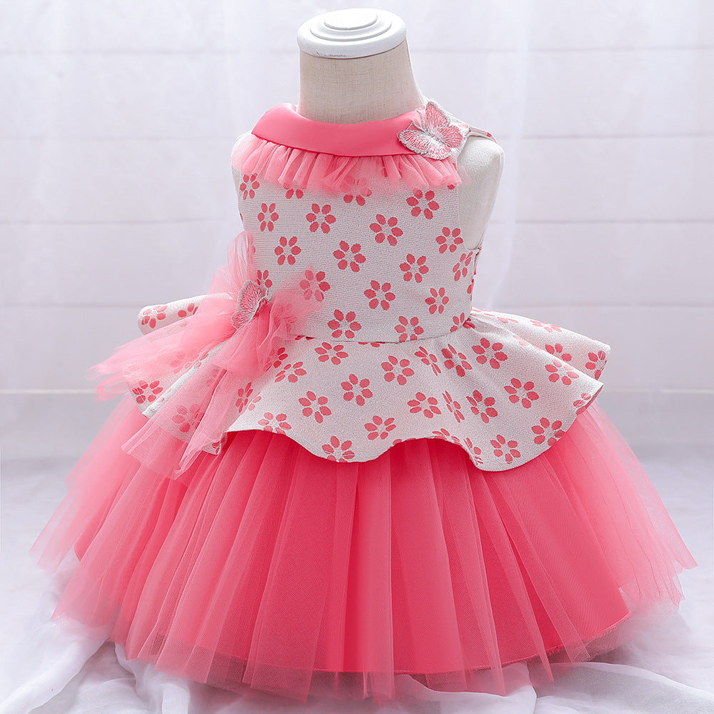 Princess Tea-Length Flower Girl Dress with Floral Ruffles