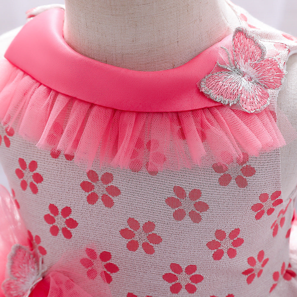 Princess Tea-Length Flower Girl Dress with Floral Ruffles