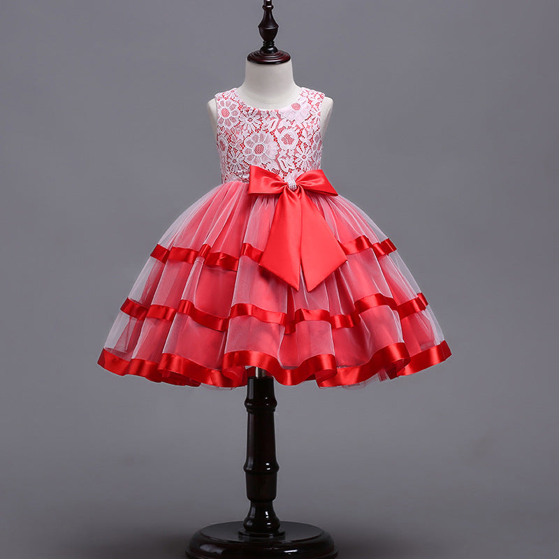 Princess Tea-Length Flower Girl Dress with Lace and Bow