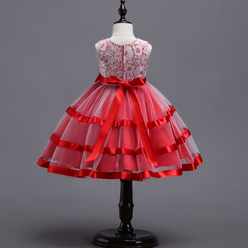 Princess Tea-Length Flower Girl Dress with Lace and Bow