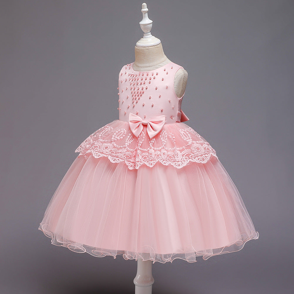 Princess Tea-Length Flower Girl Dress with Satin, Lace, and Bows