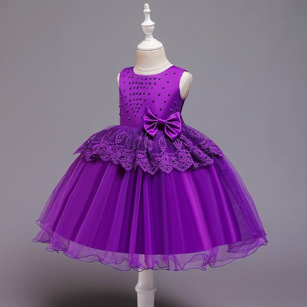Princess Tea-Length Flower Girl Dress with Satin, Lace, and Bows