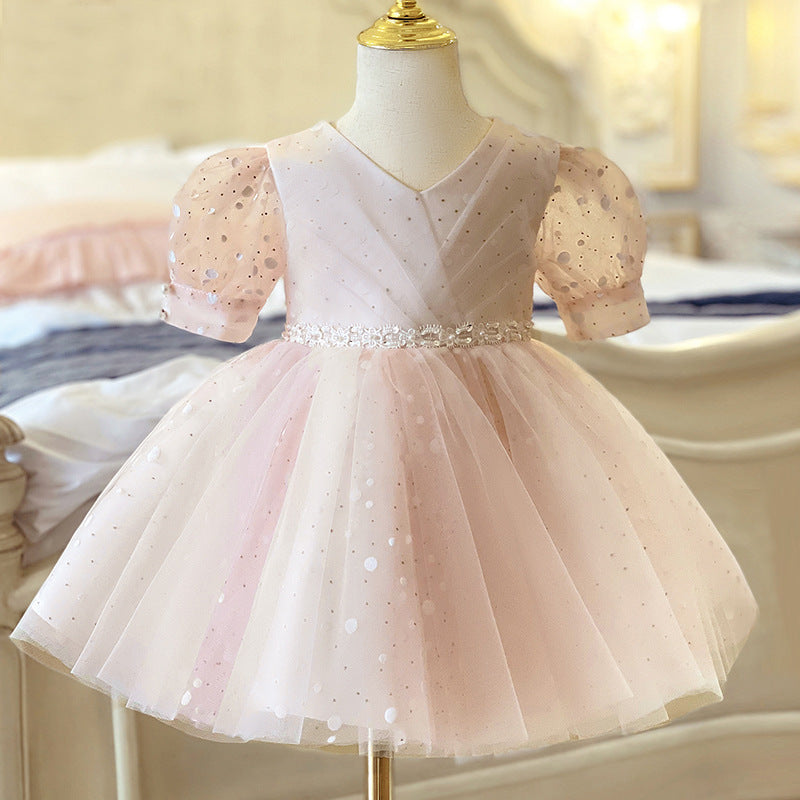 Princess Tea-Length Flower Girl Dress with V-Neck and Sequins