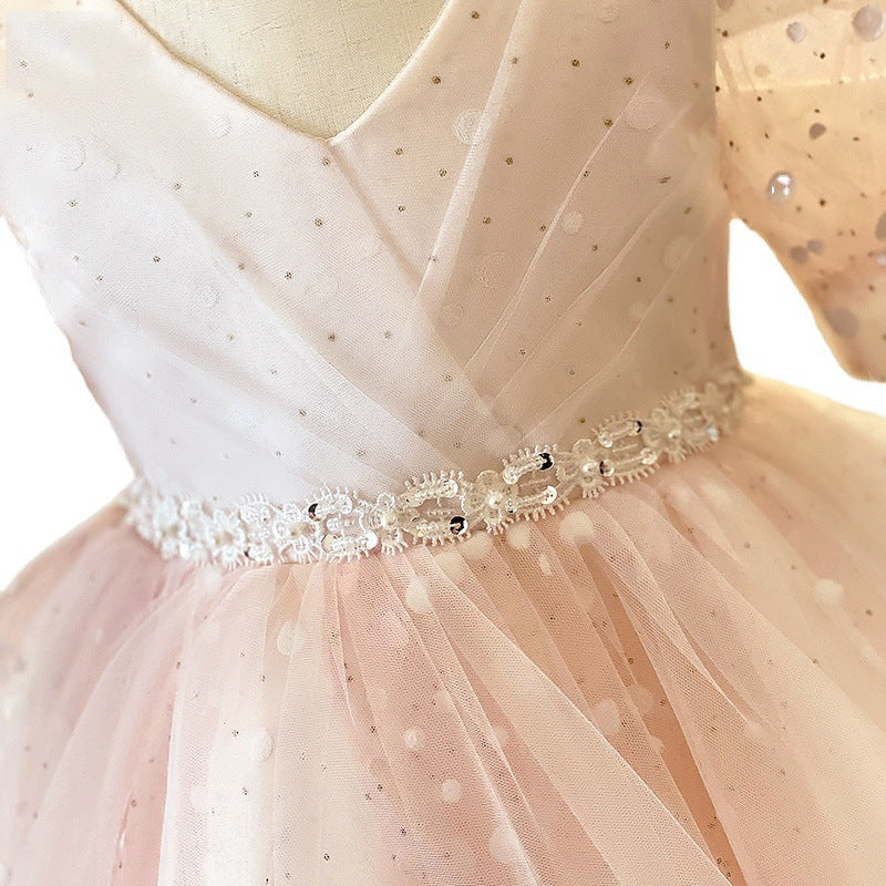 Princess Tea-Length Flower Girl Dress with V-Neck and Sequins