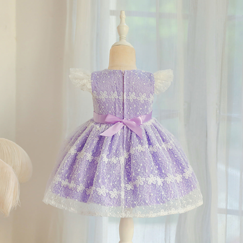 Princess Tea-Length Lace Flower Girl Dress with Cap Sleeves