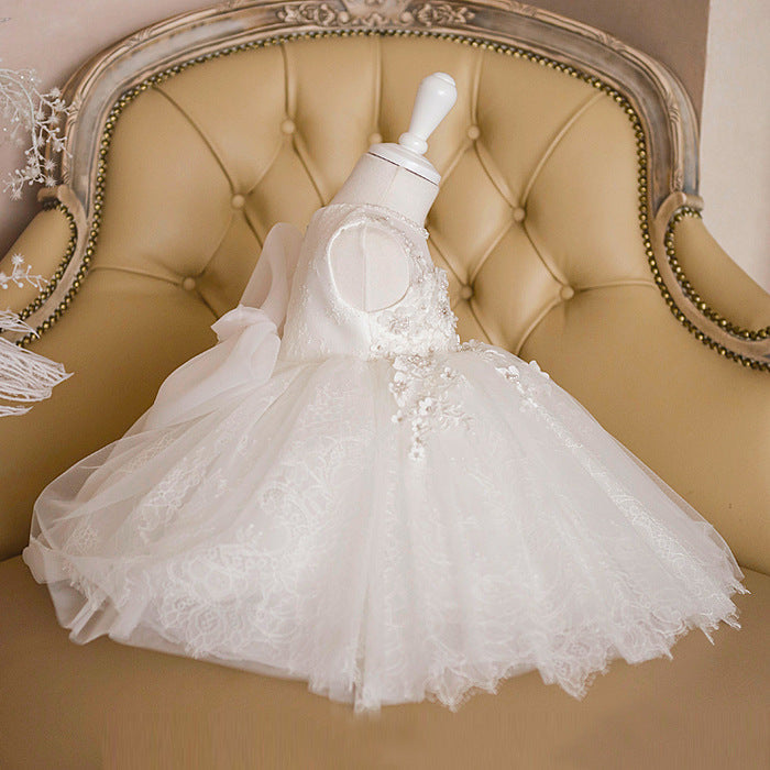 Princess Tea-Length Lace Flower Girl Dress with Floral Embellishments