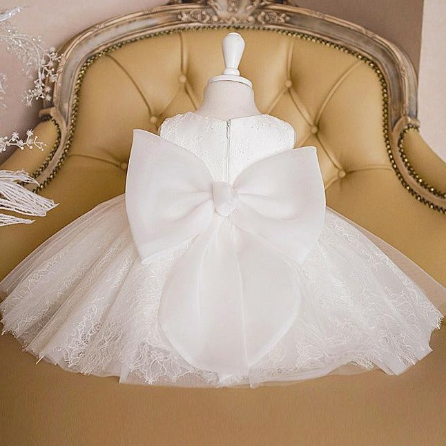 Princess Tea-Length Lace Flower Girl Dress with Floral Embellishments