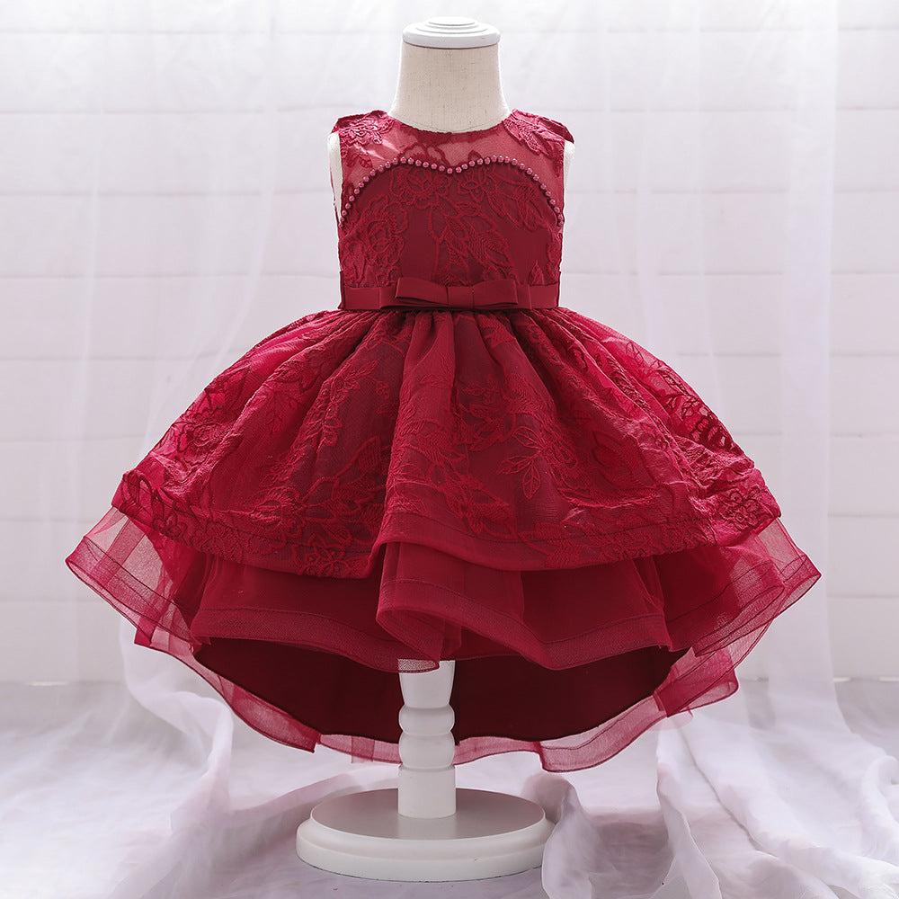 Princess Tea-Length Lace Flower Girl Dress with Floral Embellishments