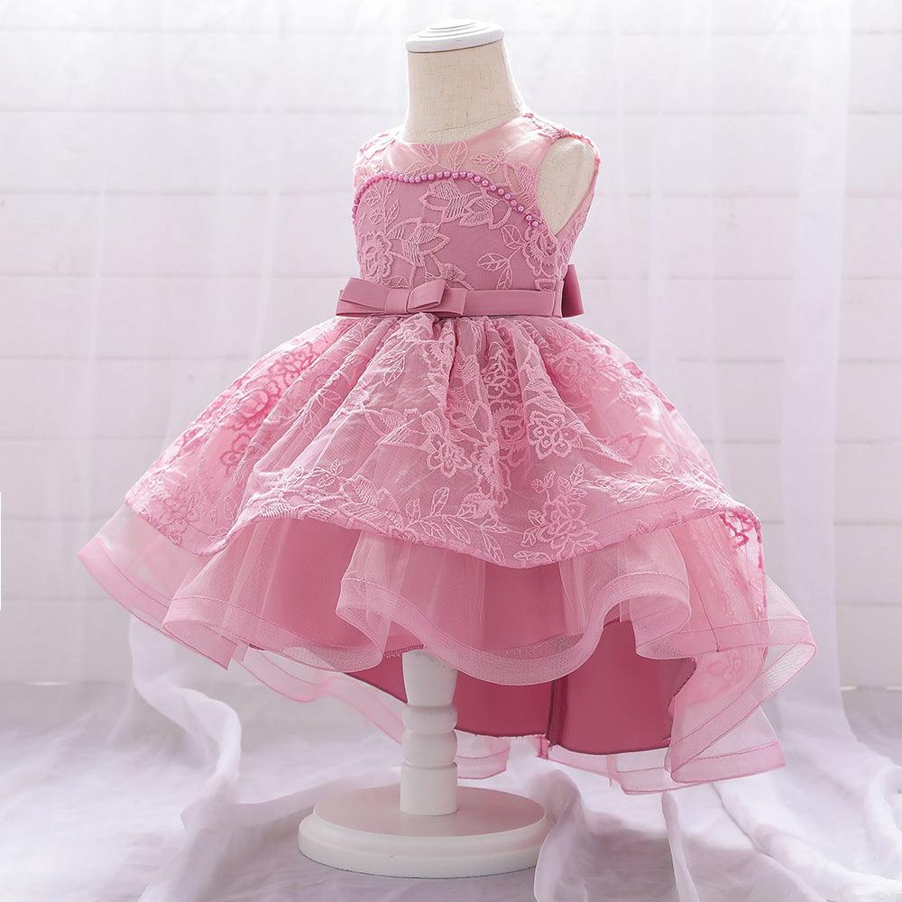 Princess Tea-Length Lace Flower Girl Dress with Floral Embellishments