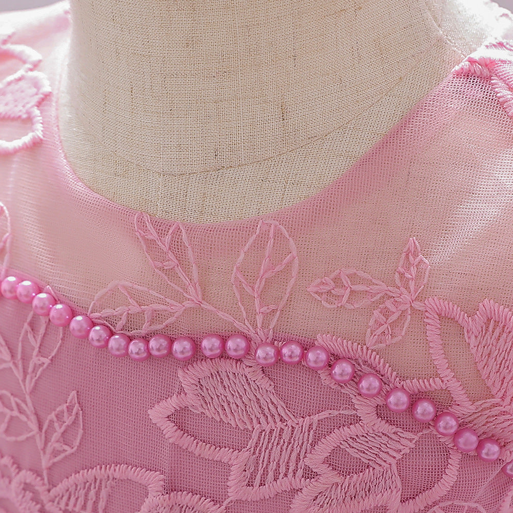 Princess Tea-Length Lace Flower Girl Dress with Floral Embellishments