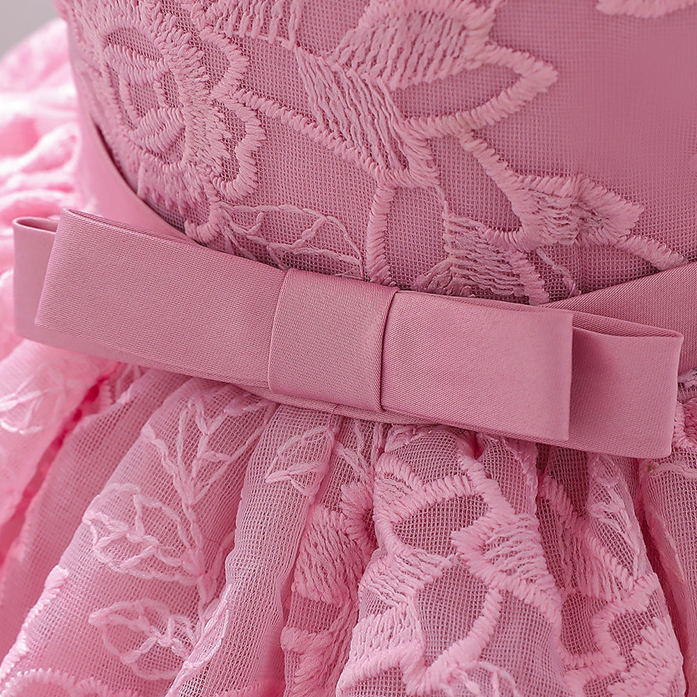 Princess Tea-Length Lace Flower Girl Dress with Floral Embellishments
