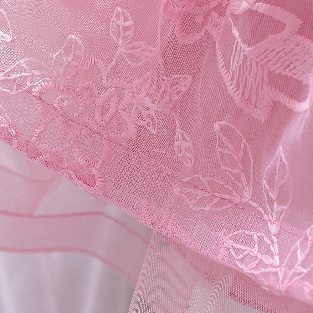 Princess Tea-Length Lace Flower Girl Dress with Floral Embellishments