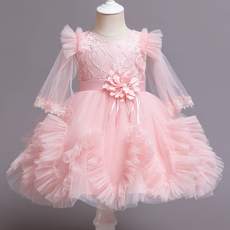 Princess Tea-Length Lace Flower Girl Dress with Long Sleeves