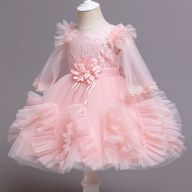 Princess Tea-Length Lace Flower Girl Dress with Long Sleeves