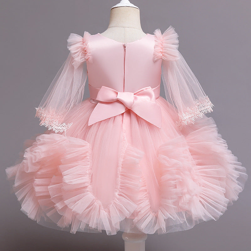 Princess Tea-Length Lace Flower Girl Dress with Long Sleeves