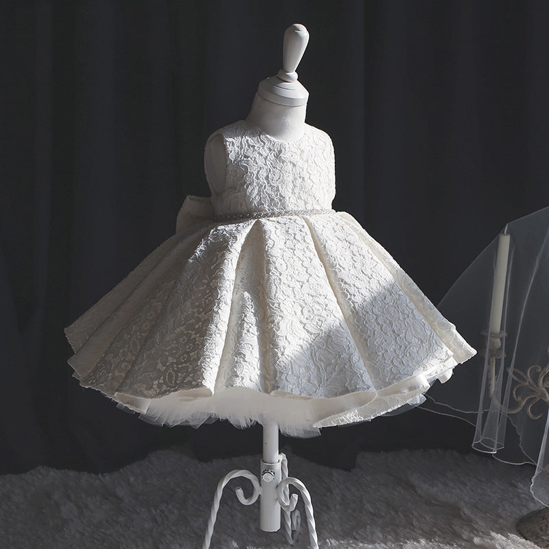 Princess Tea-Length Lace Flower Girl Dress with Ruffles