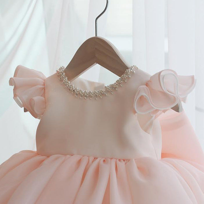 Princess Tea-Length Organza Flower Girl Dress with Beaded Bow