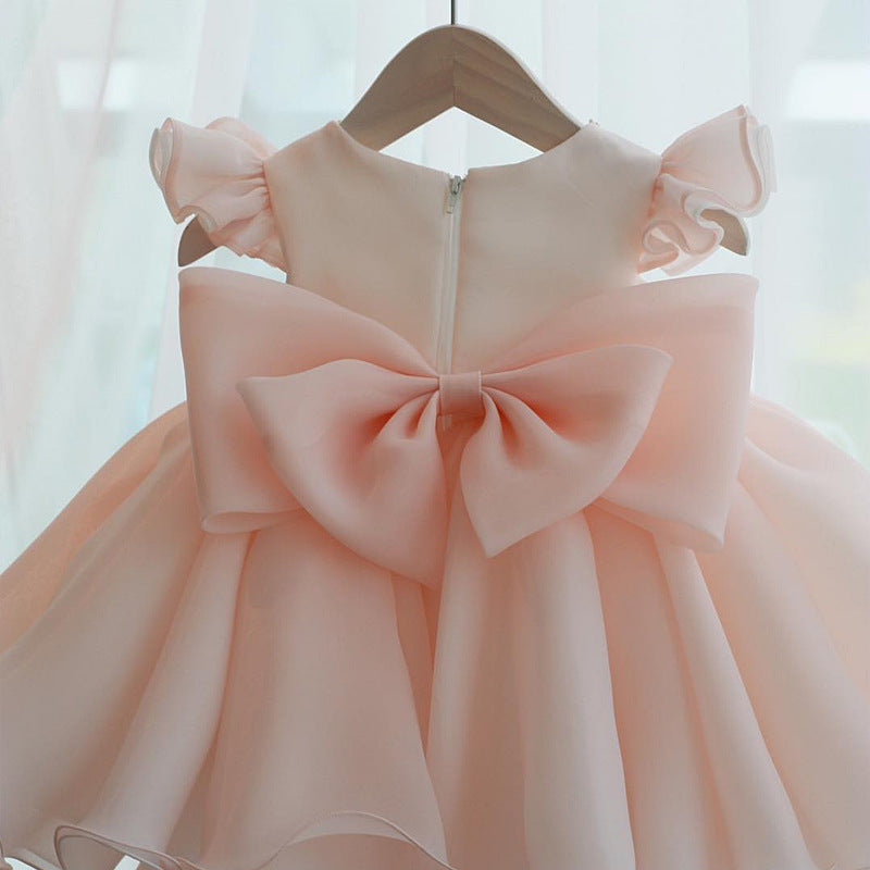 Princess Tea-Length Organza Flower Girl Dress with Beaded Bow