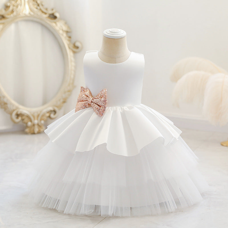 Princess Tea-Length Satin and Tulle Flower Girl Dress with Ruffles