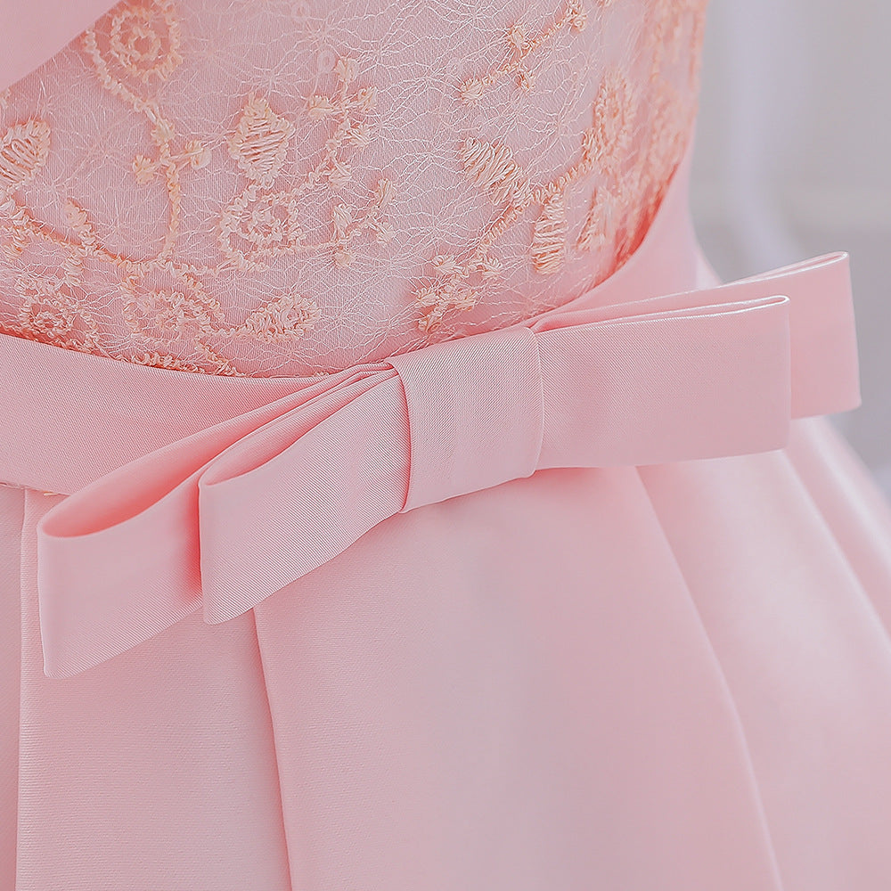 Princess Tea-Length Satin Flower Girl Dress with Lace and Bows