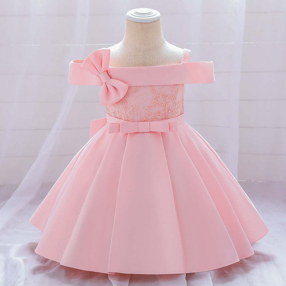 Princess Tea-Length Satin Flower Girl Dress with Lace and Bows