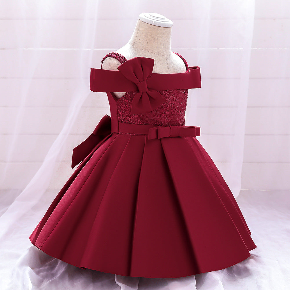 Princess Tea-Length Satin Flower Girl Dress with Lace and Bows