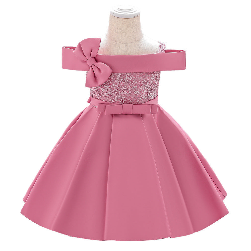 Princess Tea-Length Satin Flower Girl Dress with Lace and Bows